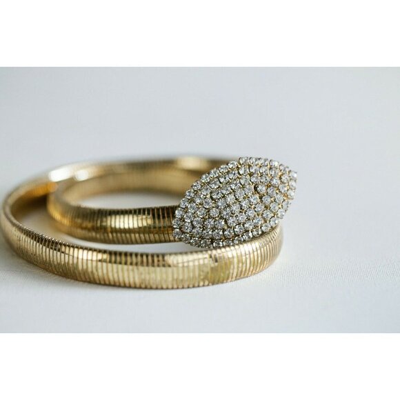 Vintage 80s Disco Gold Tone Slinky Belt with Oval Rhinestone Buckle Skinny Belt - Picture 7 of 8